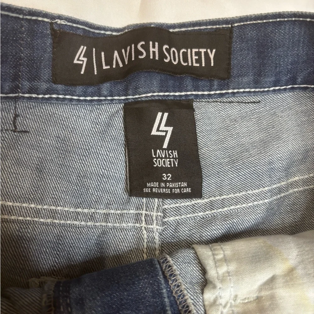 Lavish Society Denim Distressed & Zip Patchwork Denim Short SZ 32